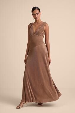 NWT Lulus Renee Light Brown Satin Plisse V-Neck Maxi Dress Gala Banquet Size S